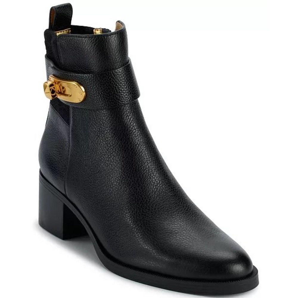 Donna Karan Thompson Black Pebbled Leather Turn-Lock Block Heel Booties Size 6